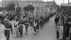 The Hampshire Regiment, led by mascot Fritz, march down Barrack Road (now Princes Way) after receiving the Freedom of the Borough of Aldershot, 11 September 1945.